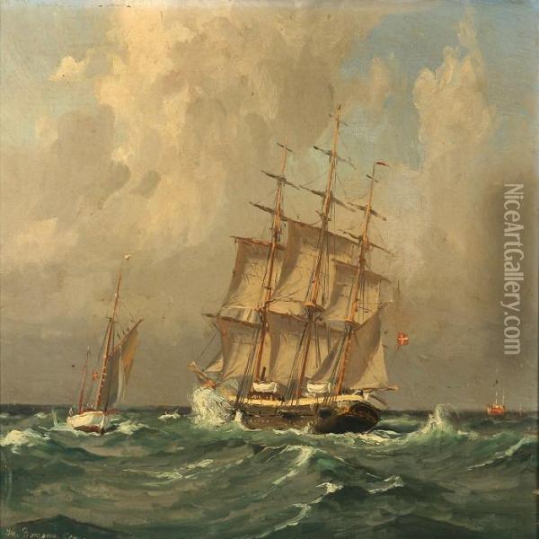 Marine With A Danish Barque And Others Sailing Ships On Open Sea Oil Painting - Christian Benjamin Olsen