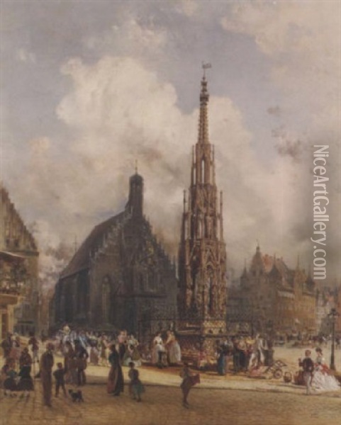 Ansicht Von Nurnberg Mit Dem Schonen Brunnen Und Der Pfarrkirche St. Lorenz Oil Painting - Rudolf von Alt