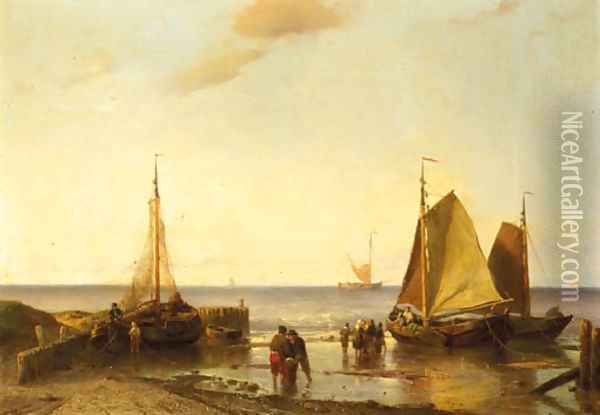 Fisherfolk near beached pinken at dusk Oil Painting - Louis Meijer