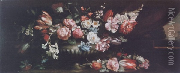 A Still Life Of Jasmine, Tulips, Roses, Orange Blossom And Other Flowers In A Sculpted Stone Vase On A Stone Ledge Oil Painting - Jean-Baptiste Belin de Fontenay the Elder