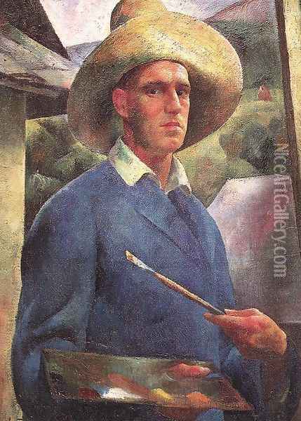 Self-Portrait with Hat The Painter at Work 1925 Oil Painting - Karoly Patko