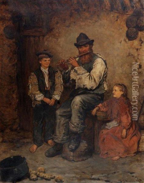 Man Playing The Flute To A Young Boy And Girl Oil Painting - Frederick Gerald Kinnaird