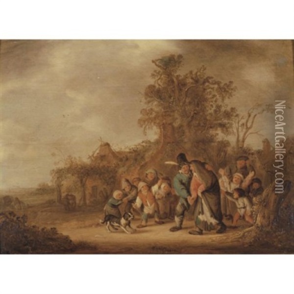 Peasant Guiding His Drunken Wife, Ridiculed By A Group Of Children Oil Painting - Isaac Van Ostade