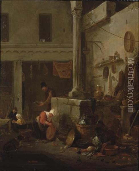 Peasants Cooking And Cleaning In A Courtyard Oil Painting - Thomas Wyck