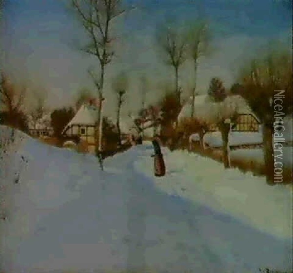 Vinterdag Med Solskin I Landsbyen, En Kone Kigger Efter     En Slaede Oil Painting - Hans Andersen Brendekilde