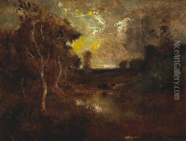 Cattle Watering At A Pond Oil Painting - William Keith