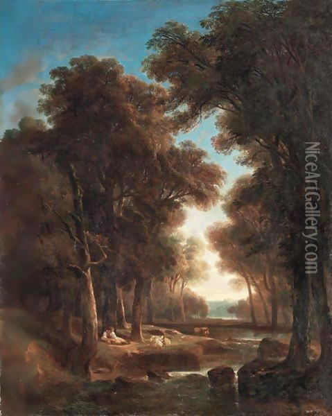 Paysage Avec Arbres, Eau, Bergers Et Vaches, 1842 Oil Painting - Alexandre Calame