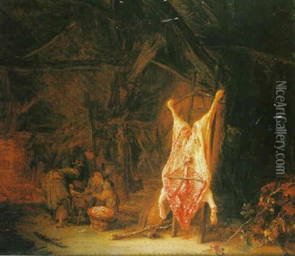 Scene D'interieur D'etable Avec Un Cochon Ecorche Oil Painting - Isaac Van Ostade
