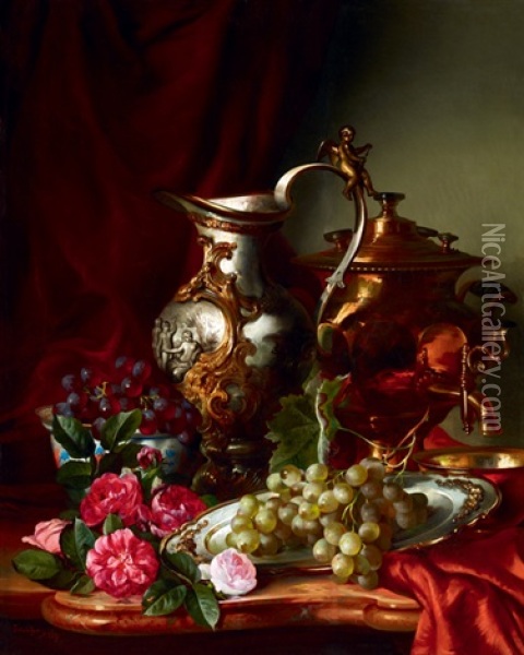 Still-life With Grapes And Samovar (biedermeier Still-life) Oil Painting - Adalbert Schaeffer