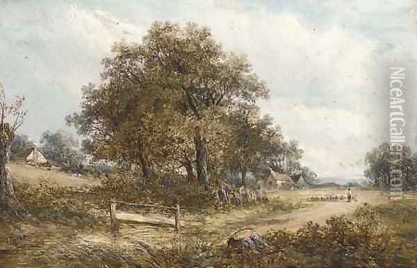 A shepherd and his flock in a wooded landscape, near Leamington Oil Painting - Joseph Thors
