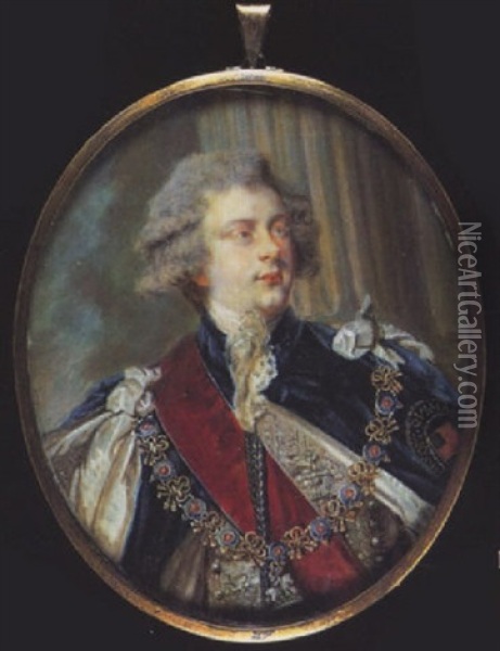 King George Iv, As Prince Regent, Wearing The Regalia Of The Order Of The Garter, Blue Robes, Red Sash, Collar And Breast Star Oil Painting - William Grimaldi