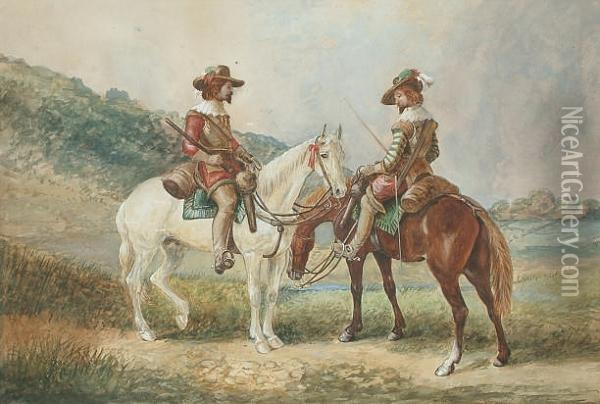 Cavaliers On Horseback. Oil Painting - George Cattermole