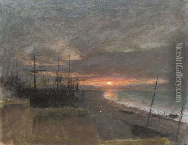 Sunset On The Shore Oil Painting - Albert Goodwin