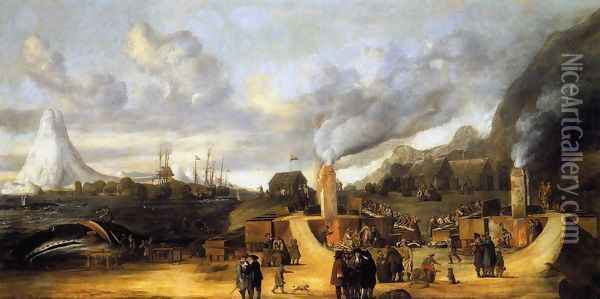 The Whale-oil Factory on Jan Mayen Island 1639 Oil Painting - Cornelis De Man