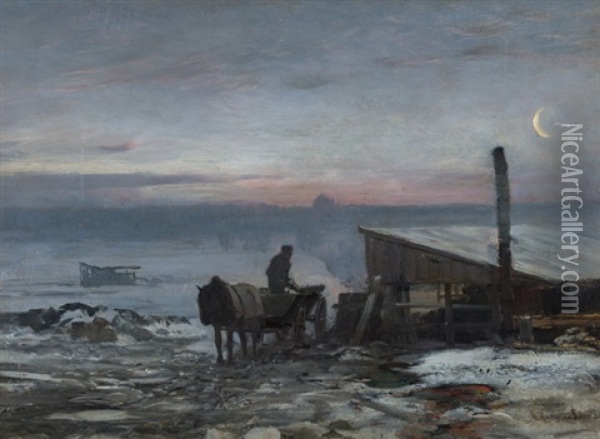 Bauerliches Fuhrwerk In Winterlicher Landschaft Im Morgengrauen Oil Painting - Anders Andersen-Lundby