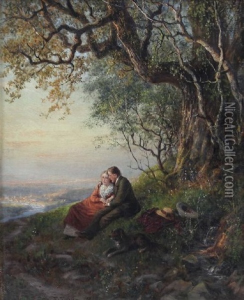 Junges Paar Auf Einer Bergwiese Vor Der Stadt Oil Painting - Theodor Christoph Schuez