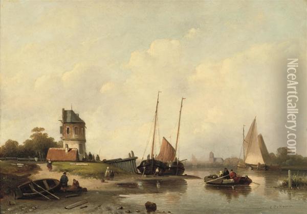A Summer's Day On A Riverbank Oil Painting - Cornelis Petrus 't Hoen