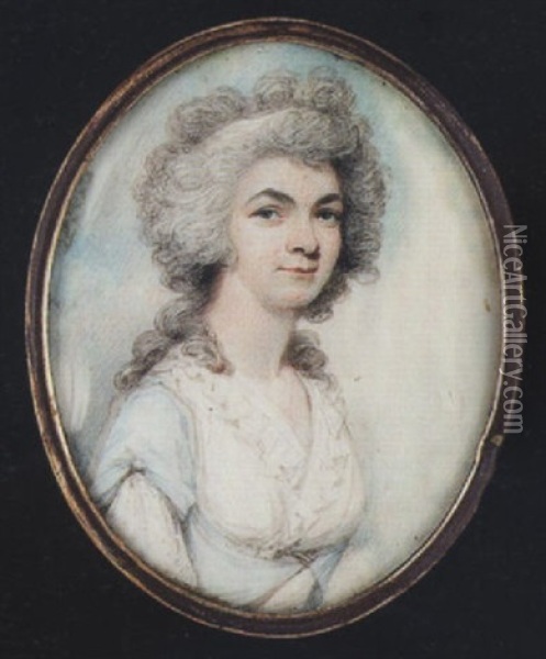 A Lady Wearing Pale Blue Dress With Spotted White Underslip And Frilled Fichu, A White Bandeau In Her Powdered Hair Oil Painting - Henry Edridge