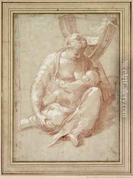 Virgin Seated on the Ground, Nursing the Child Oil Painting - Girolamo Francesco Maria Mazzola (Parmigianino)