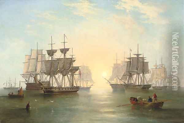 The fleet at anchor in an evening calm Oil Painting - James Wilson Carmichael