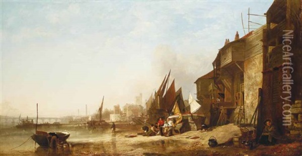 Riverfolk On The Banks Of The Thames, With St. Mary's Lambeth And Westminster Bridge Beyond Oil Painting - Augustus Wall (Sir.) Callcott