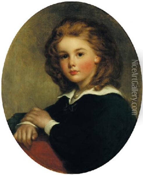 Portrait Of A Young Boy In A Blue Shirt With A White Collar Oil Painting - Richard Buckner