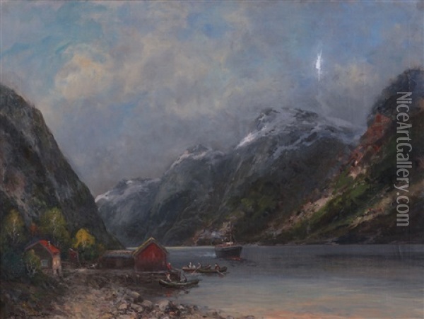 Fjordlandskap Med Bater Oil Painting - Sigvald Simensen