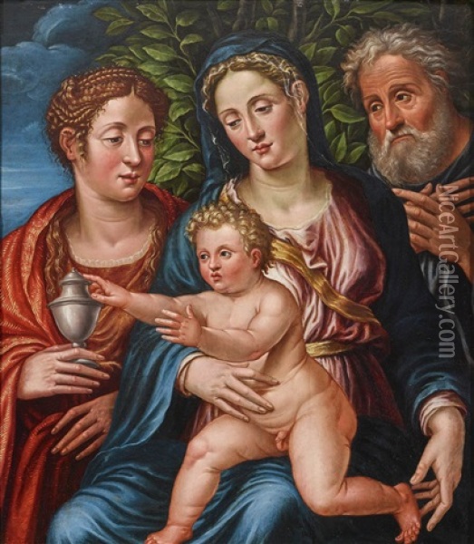 The Holy Family With St. Mary Magdalen Oil Painting - Girolamo da Carpi