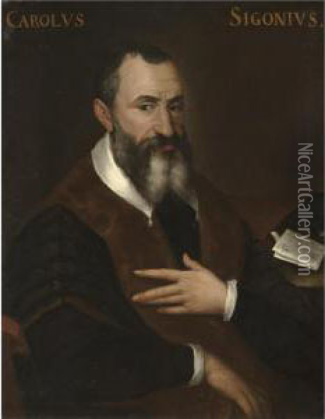 Portrait Of Carlo Sigonio, Half 
Length, Seated, Wearing A Black And Brown Coat With A White Collar Oil Painting - Bartolomeo Passarotti