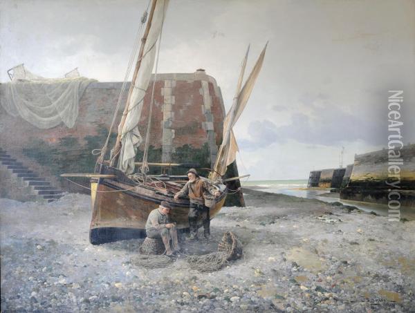 Two Fishermen Standing Beside A Boat At Low Tide Oil Painting - Jules G. Bahieu