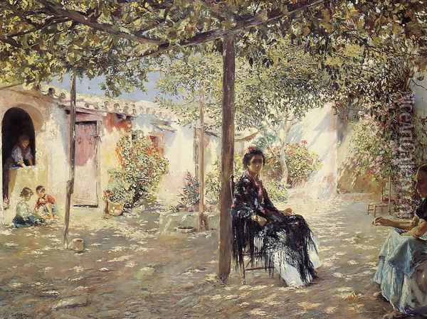 Ladies in a Sun-dappled Courtyard Oil Painting - Jose Gallegos Y Arnosa
