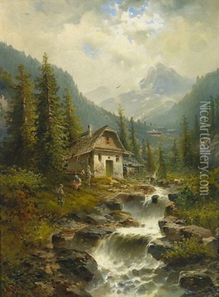 Alpenlandschaft Mit Katarakt Neben Alter Muhle Mit Figurenstaffage Oil Painting - Leonhard Paulus