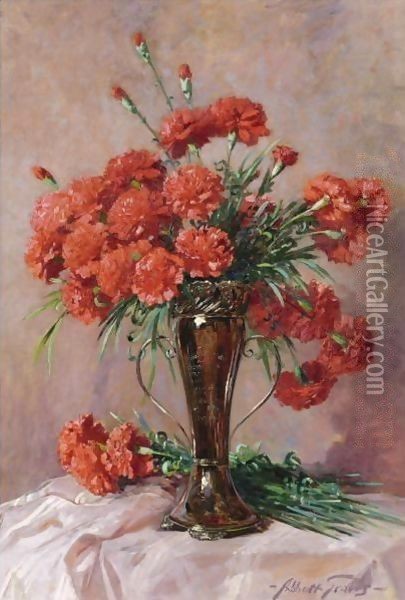 Red Carnations In A Silver Vase Oil Painting - Abbott Fuller Graves