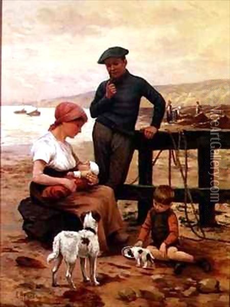 A Fisherman and his Family Oil Painting - Albert Besnou