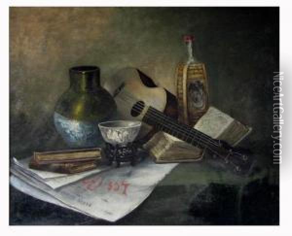 Still-life With Guitar, Books, Newspaper Oil Painting - Edward Taylor Snow