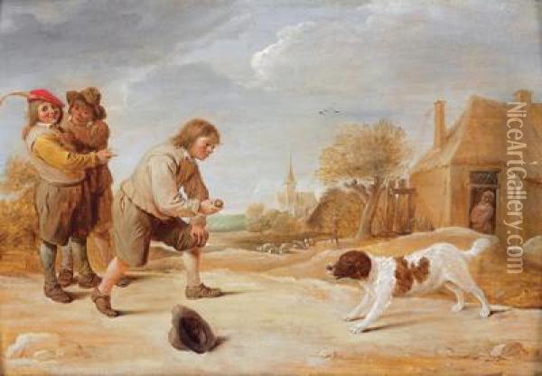 Tre Ragazzi Di Campagna Con Un Cane Oil Painting - Thomas Van Apshoven