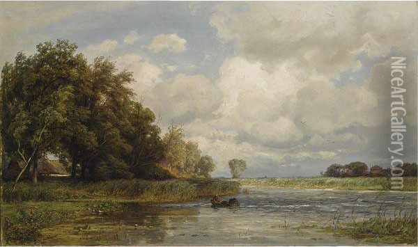 A Polder Landscape With Figures In A Boat Oil Painting - Jan Willem Van Borselen