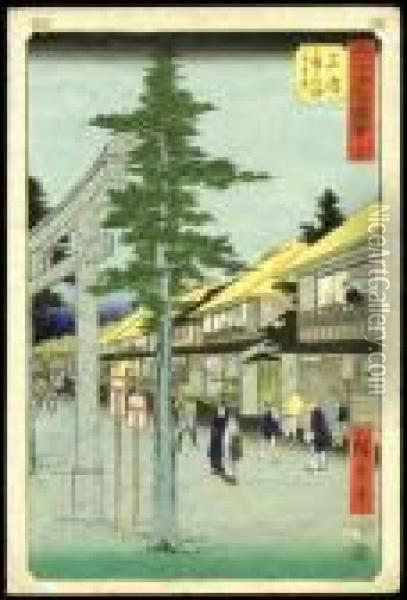 The First Entrance Gate To The Daimyojin Shrine At Mishima Oil Painting - Utagawa or Ando Hiroshige