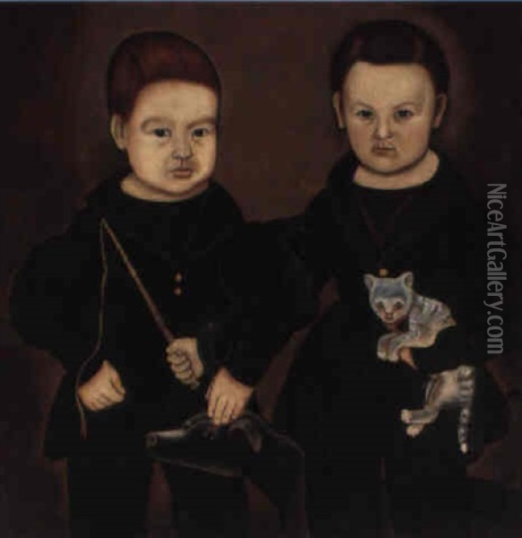 Two Young Boys Wearing Black Jackets With A Dog, Cat And Whip Oil Painting - Aaron Dean Fletcher