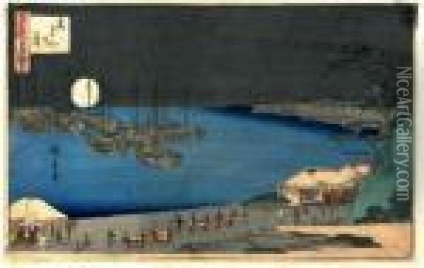 Scene De Mer Avec Bateaux Et Personnages Illumines Par La Pleine Lune Blanche. Oil Painting - Utagawa or Ando Hiroshige