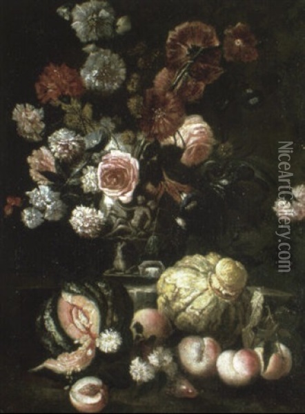 Mixed Flowers In A Sculpted Urn With Fruit On A Ledge Oil Painting - Jan-Baptiste Bosschaert