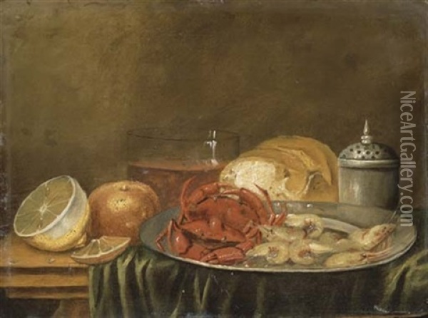 Crustaces, Citron Et Orange Sur Une Table Drapee Oil Painting - Jan Davidsz De Heem
