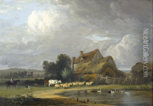 Bauernhof Und Tiere An Einem Teich Oil Painting - Edmund Bristow