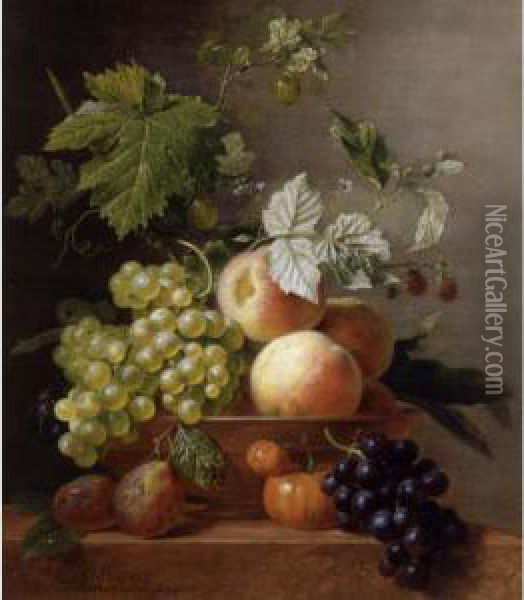 A Still Life Of Grapes And Peaches In A Bowl With Other Fruit, All Resting On A Ledge Oil Painting - Arnoldus Bloemers