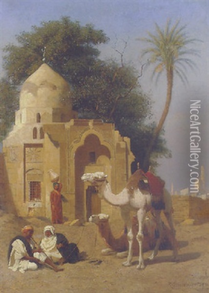 A Rest Outside The Mosque Oil Painting - Rudolf (Christian Eugen) Bendemann