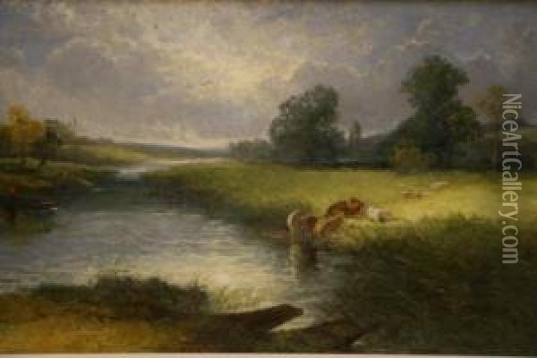 River Scene With Cows Oil Painting - Edwin Taylor