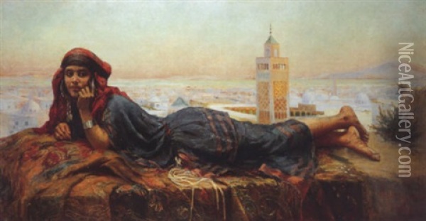 Mabrouka, Sur La Terrasse, Tunis Oil Painting - Lucie Ranvier-Chartier