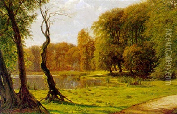 Sommerstemning Ved En Skovso, I Baggrunden Kronvildt Oil Painting - Georg Emil Libert