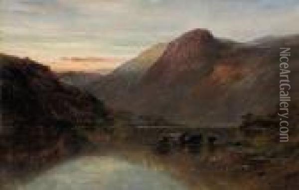 Cattle Watering In A Highland Loch Oil Painting - Alfred de Breanski