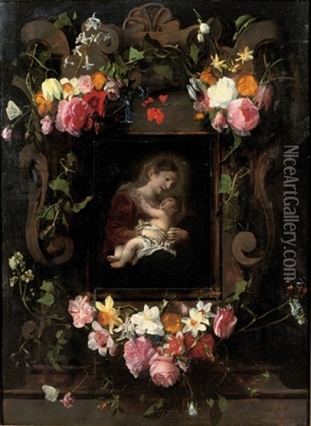 A Stone Cartouche Surrounded By Garlands Of Roses, Tulips, Narcissi And Other Flowers And Butterflies With The Madonna And Child (collab W/cornelis Schut) Oil Painting - Daniel Seghers
